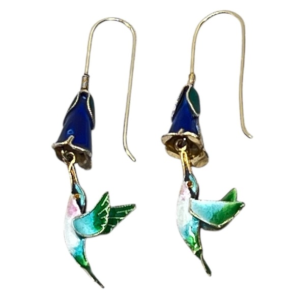 VINTAGE HUMMINGBIRD AND FLOWER Enameled 3D Dangle Drop Earrings - Picture 12 of 14